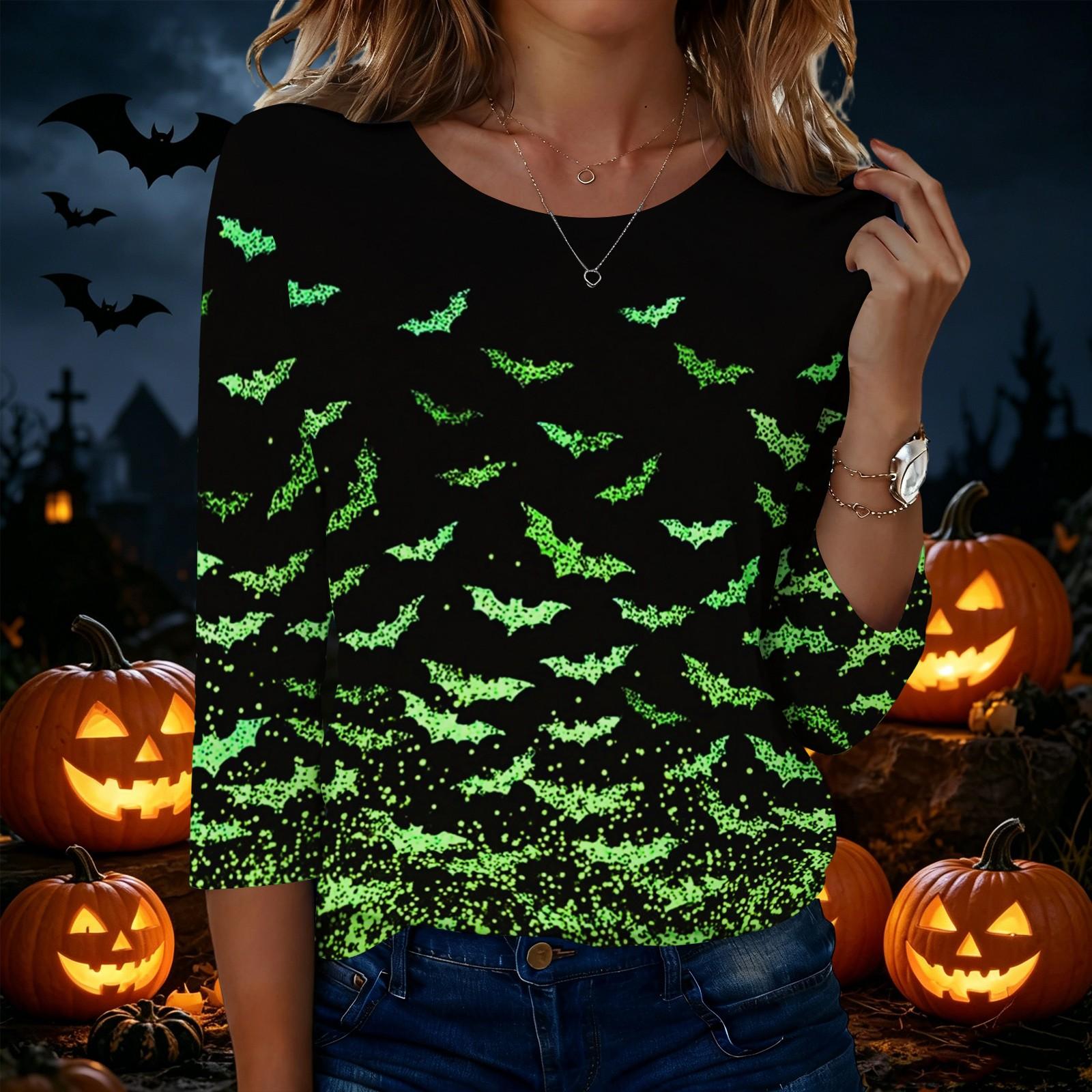 Women s Halloween Print Neck Three-Quarter Sleeve T-Shirt Casual Top XXL