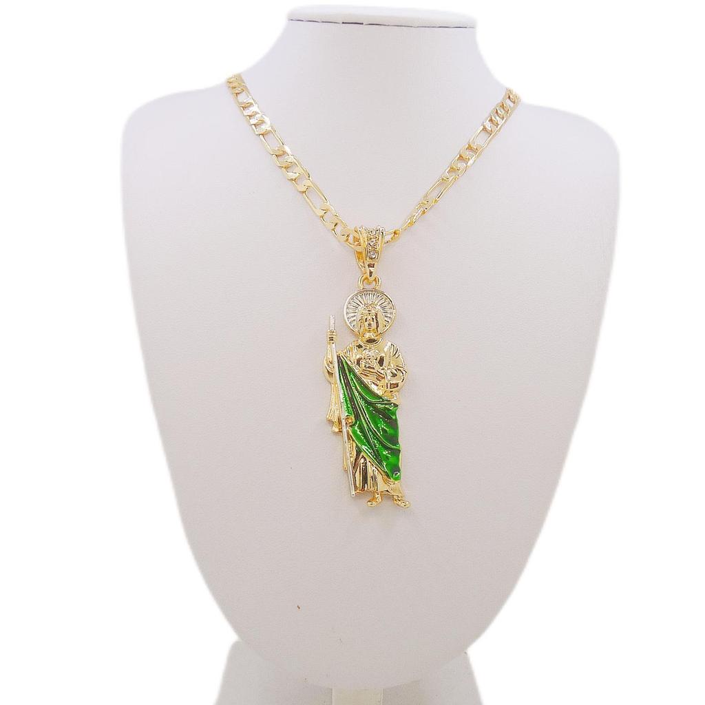 Collar de San Judas Chapado en Oro de 14K Colgante de San Judas Cadena Figaro