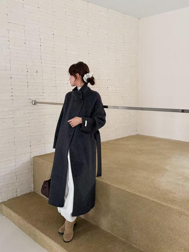 Stand Collar Belted Elegant Double-Sided Wool Coat - Women's Autumn/Winter 2025 Collection