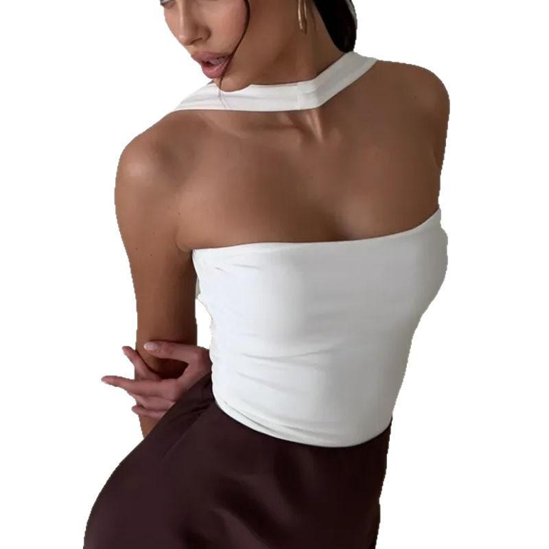 American off-the-shoulder backless sexy hottie slim-fit short off-the-button women's top solid color anti-neck sling vest