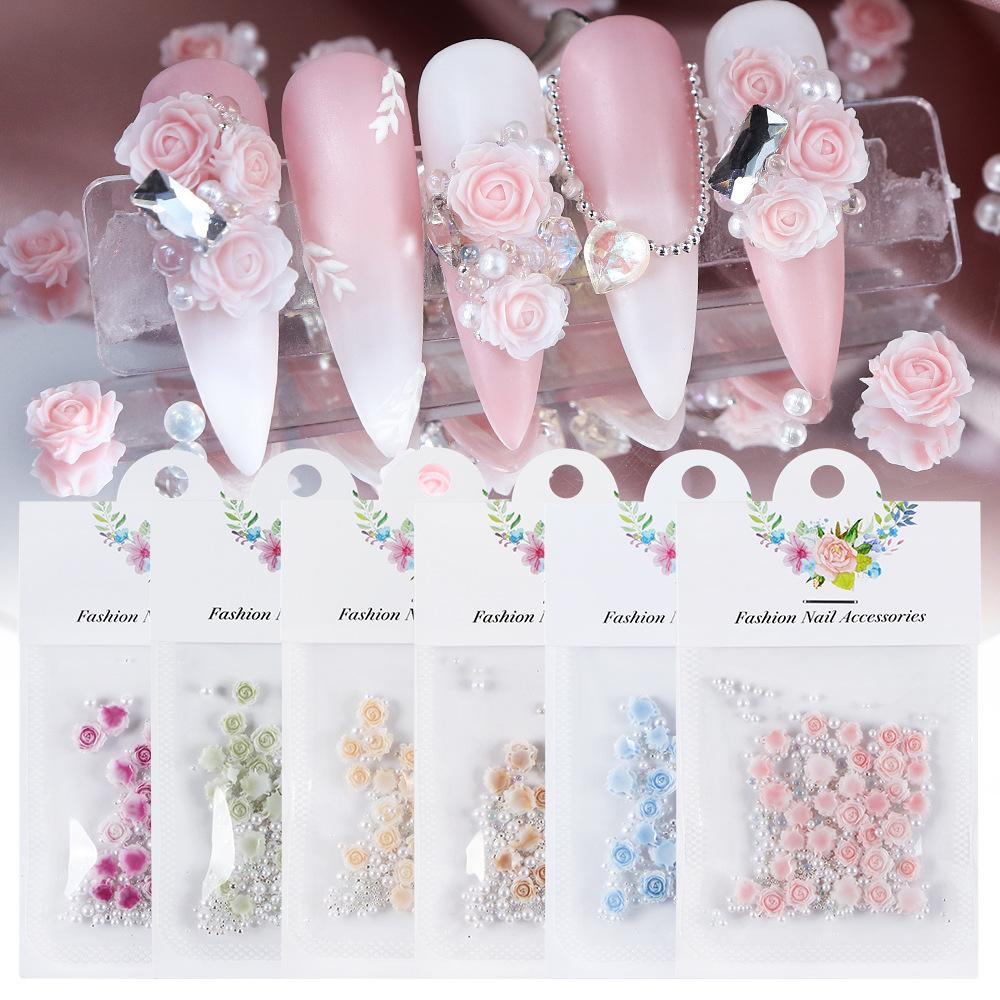 3 Packs 30 Gradient Carved Rose Nail Accessories, Dragon Sand, Gemstones, Rose Flowers with Steel Beads and Pearls, Nail Accessories