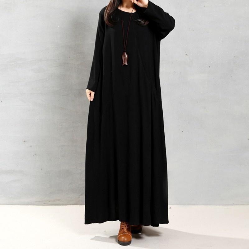 Elegant Plus Size Women Cotton Long Sleeve Vintage Kaftan Casual Maxi Dress