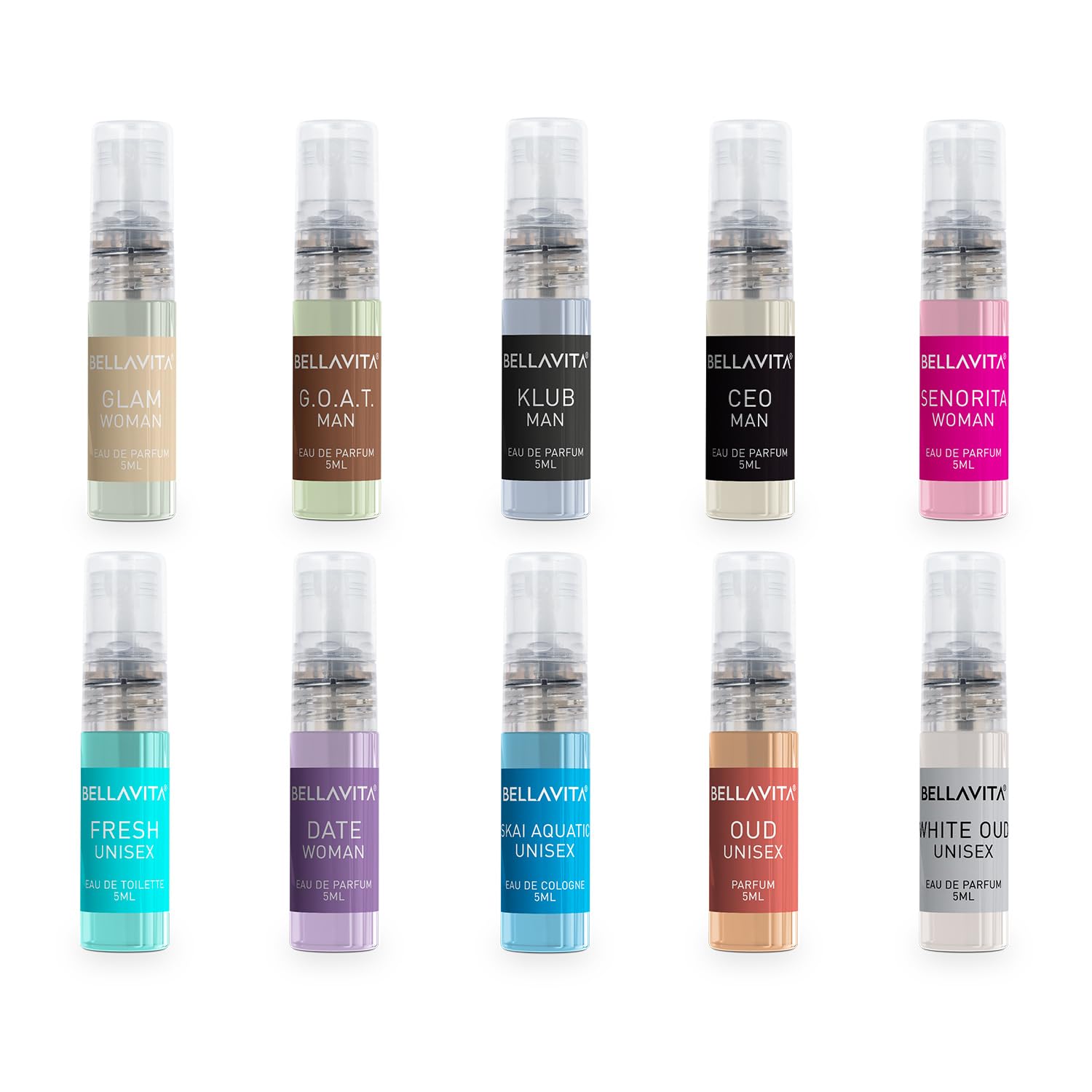 Bella Vita Luxus-Probierpaket 10x5ml Langanhaltendes Taschenparfüm für Männer und Frauen Unisex-Duft