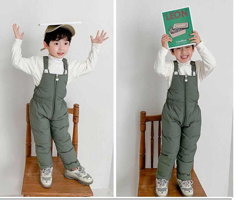 2026 Kids' Down Cotton Pants: Warm Autumn/Winter Overalls for Boys & Girls, Solid Colors.