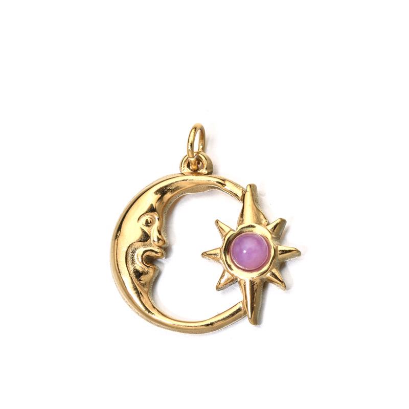 European Retro Sun and Moon Stainless Steel Pendant with Semi-Precious Stone Charm for Women.