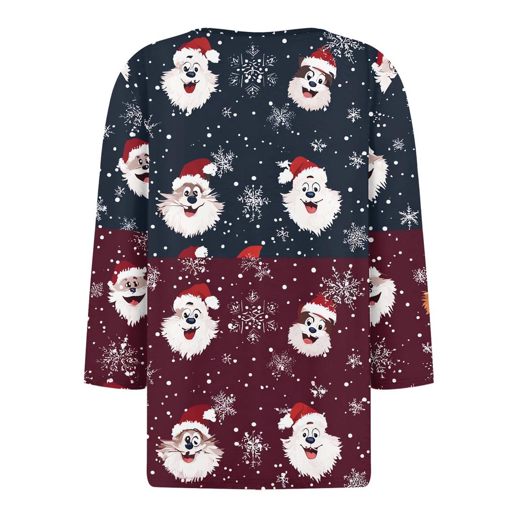 Women's T Shirt Tee Christmas Printed Button 3/4 Sleeve Tunic Daily Weekend Fashion Basic V- Neck Regular Top
