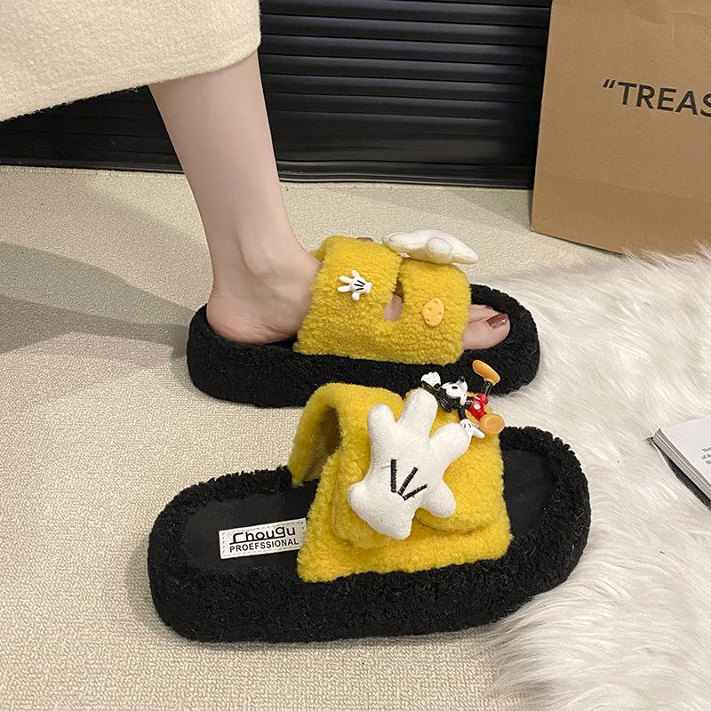 Fashion Soft and Cute One-word Fluffy Shoes for Women To Wear Outside 2025 Autumn and Winter New Thick-soled Cotton Slippers Cotton Slippers