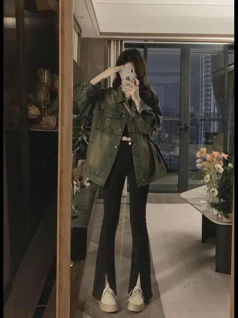 Women's Retro Distressed Ripped Denim Jacket - New 2024 Korean Style, Loose Long-Sleeve for Spring & Autumn