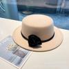 Rose flower strap flat top woolen top hat female autumn and winter warm sweet cute fashion versatile performance flat top hat