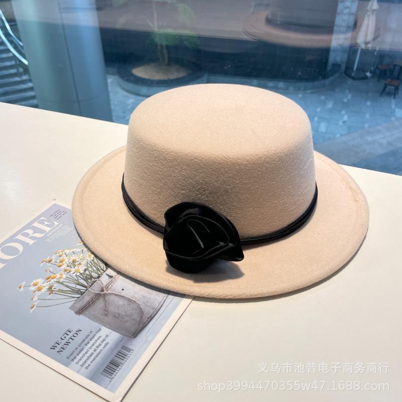 Rose flower strap flat top woolen top hat female autumn and winter warm sweet cute fashion versatile performance flat top hat