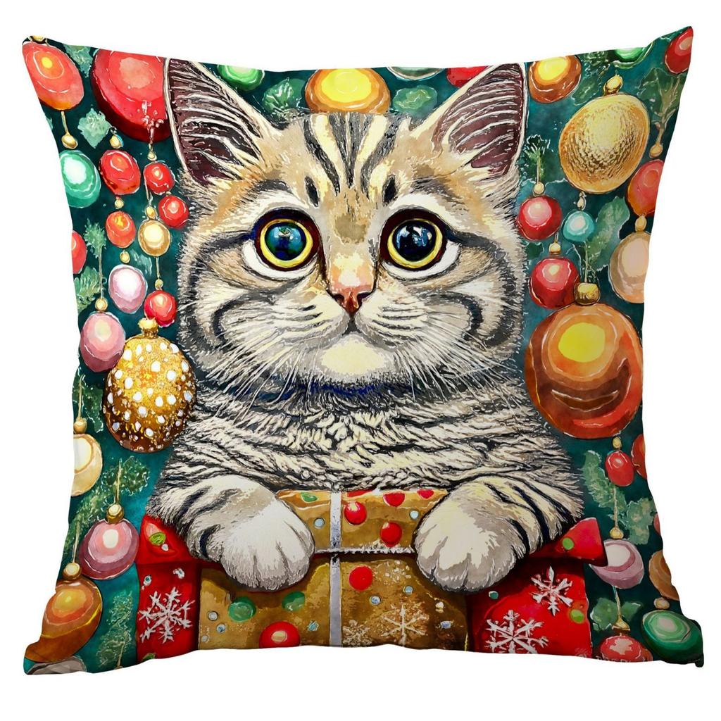 New Cartoon Christmas Pillowcase Christmas Watercolor Cat Creative Watercolor Holiday Home Pillow Pillowcase