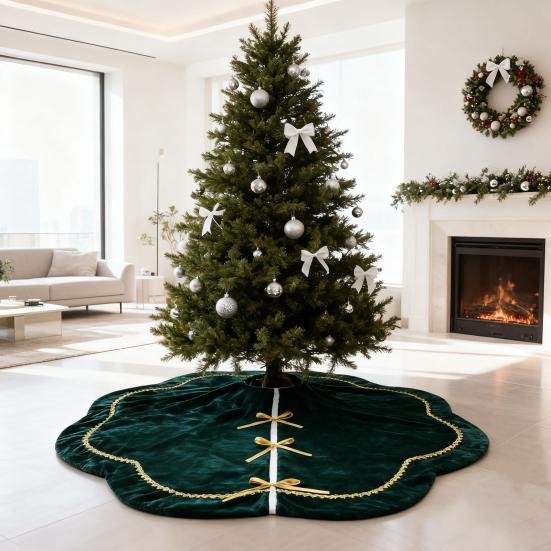 Sukně pod vánoční stromek Sametová chlupatá mušlová sukně pod stromek se zlatou krajkovou lemovkou pro rustikální vánoční svátky Domácí vnitřní party dekorace