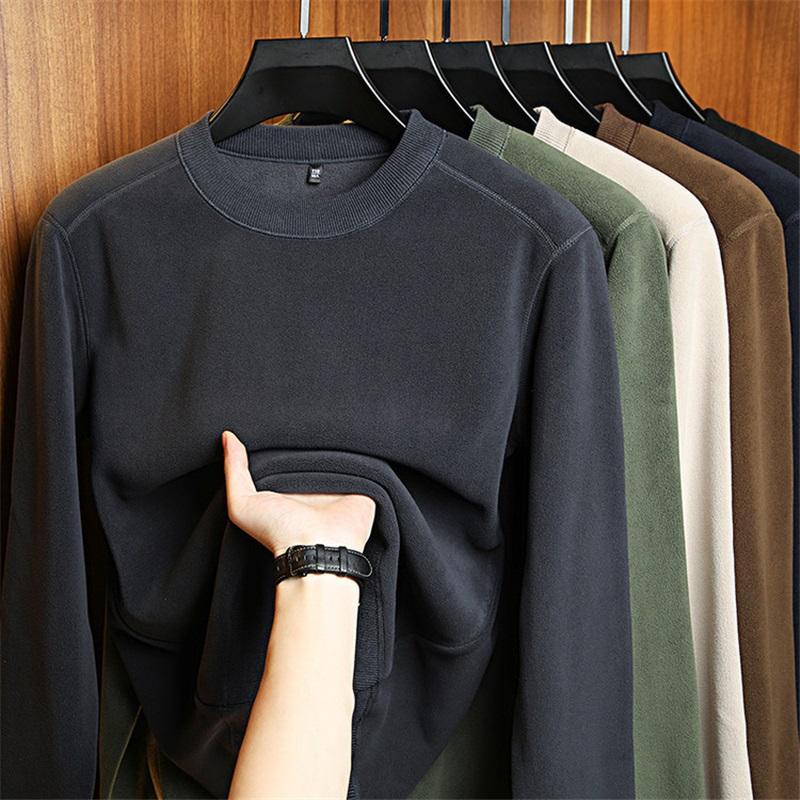 Men's Solid Color Warm Round Neck Thick Long Sleeved Base Shirt