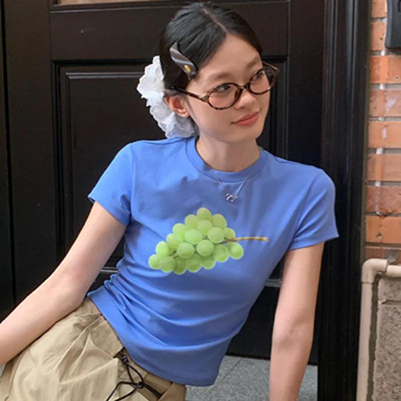 

New Fashion Women s Casual Slim Fit Short Sleeve T-shirt Cute Grape Print Crew Neck Blue Top S