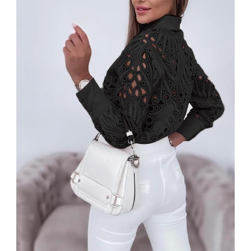 TIFICY Women's Fashion Casual Spring Fall Solid Color Print Long Sleeve POLO Neck Blouses & Shirts