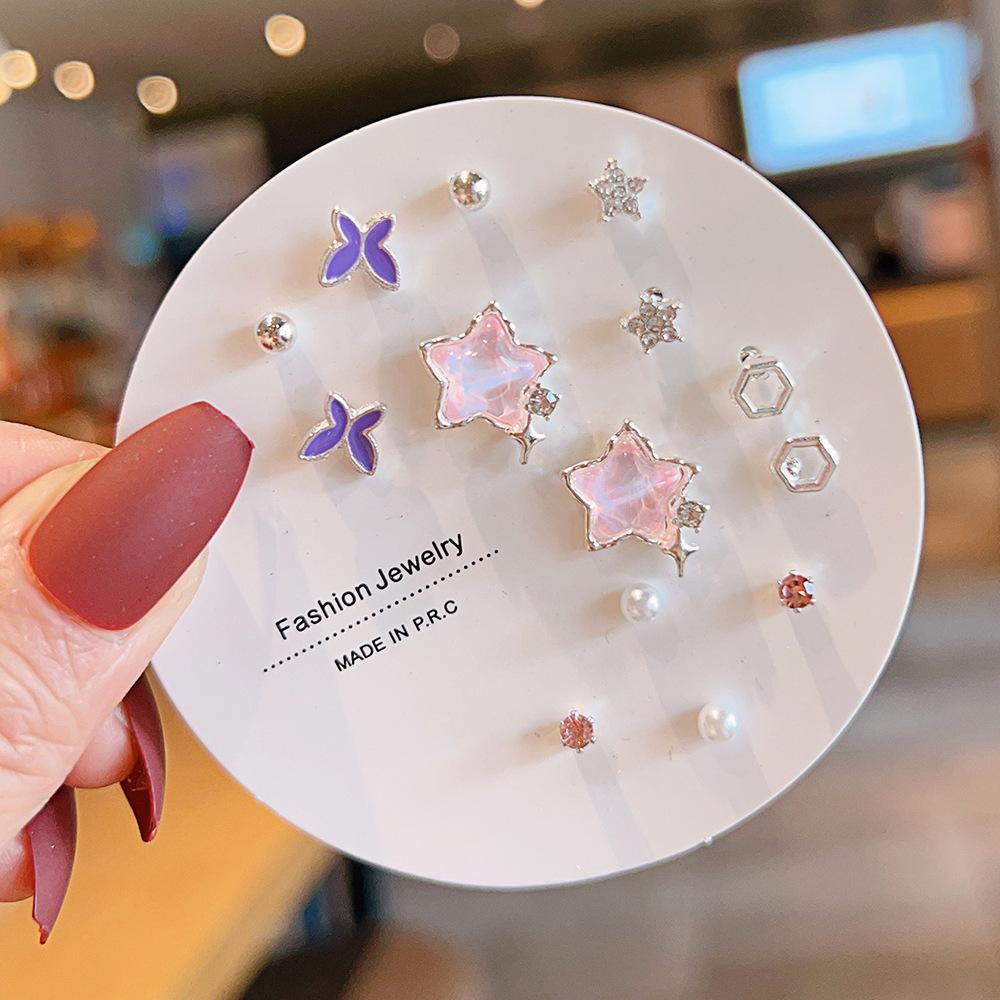 Titanium Steel One-week Stud Earrings 1 Combination Korean Fringed Bow Ins Versatile Cute Earrings for Women