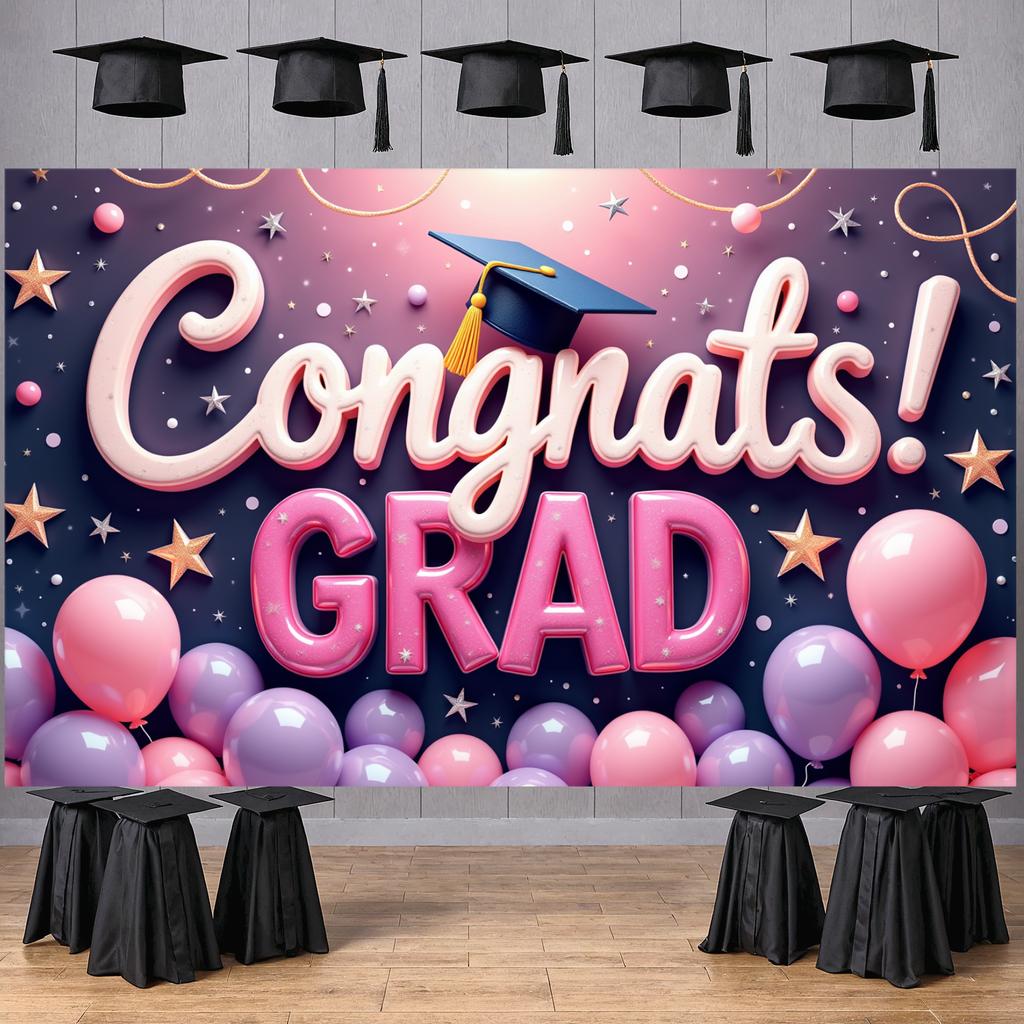 Graduation Ceremony Banner Colorful Balloons Congratulatory Display Grad Party Banner Congrats Lettering Grad Photo Background