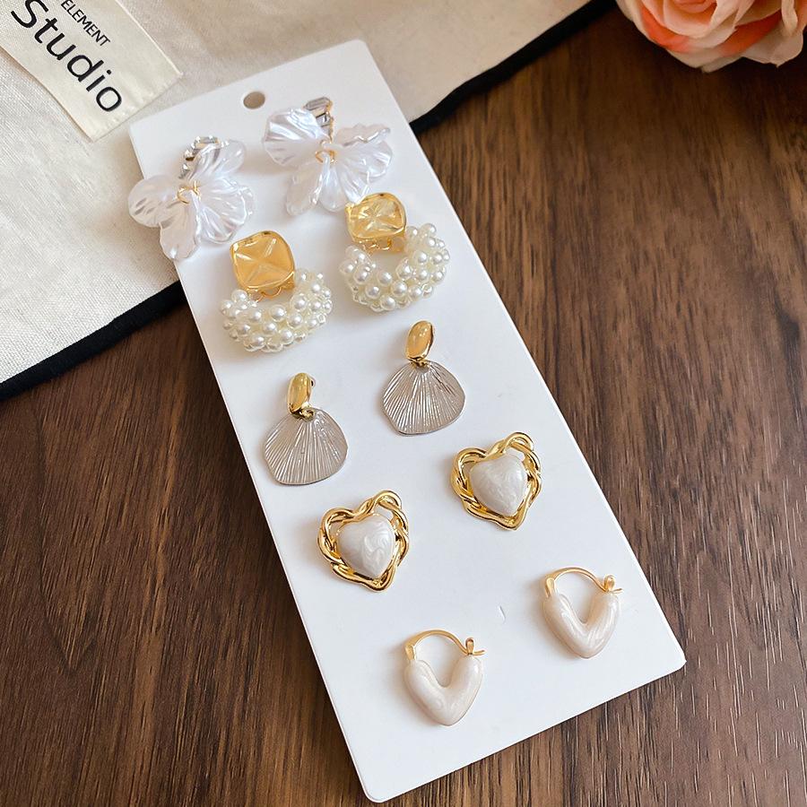 6/10/12 Pcs Simulated Pearl Round Square Stud Earrings Small French Elegant Daity Ear Studs for Women Daily Jewelry Sets F