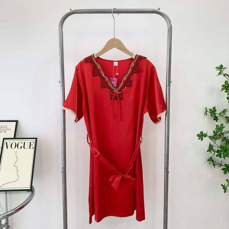 

2024 New Arrival Summer Pajamas Women Ice Silk Short Sleeve Thin Sexy Lace Trim Silk Home Wear Nightdress Red One size
