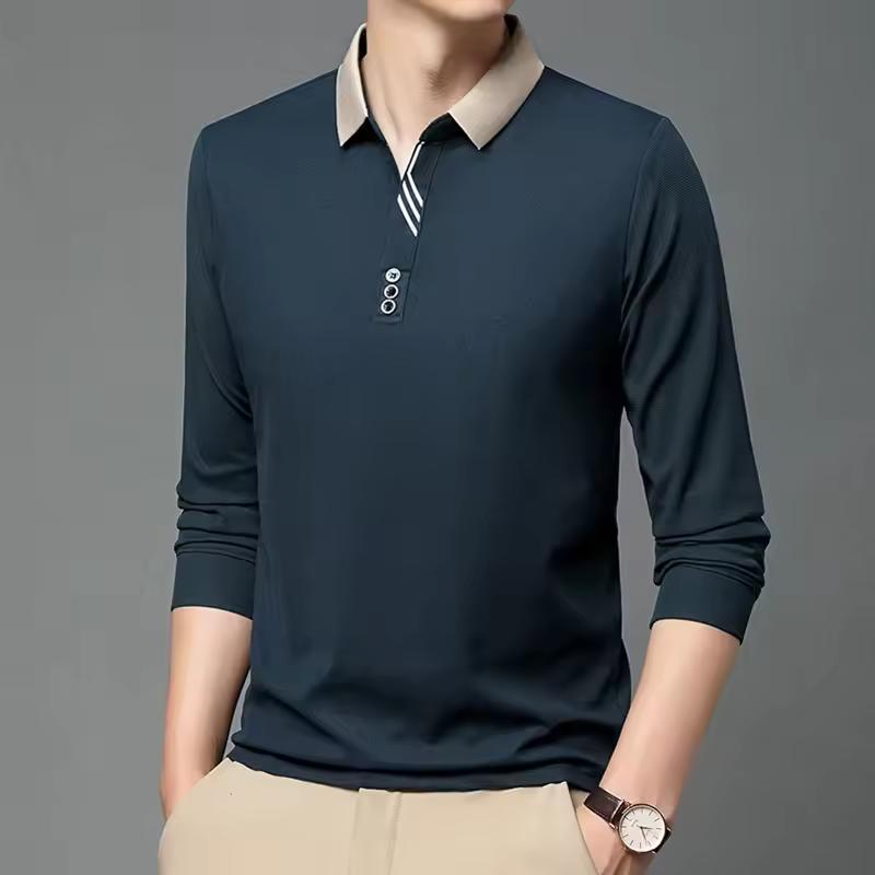 Spring Autumn Men's Business Casual Long Sleeved Shirt Solid Color Polo Shirt Breathable Comfortable Versatile Top