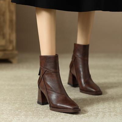 Women's Square Heel Ankle Boots Rear Zipper Retro Brown Soft Leather Short Boot Square Head Casual Sewing High Heel Women Shoes