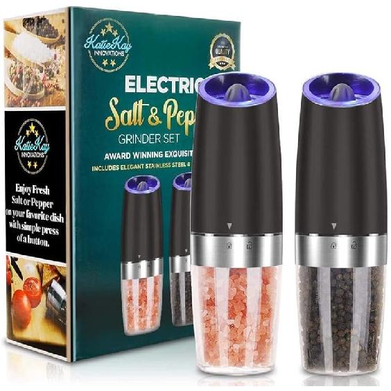Electric Salt and Pepper Grinder set of 2, Automatic Salt and Pepper Mill Grinder, Adjustable Roughness, Battery Powered with Blue LED Light, чёрный