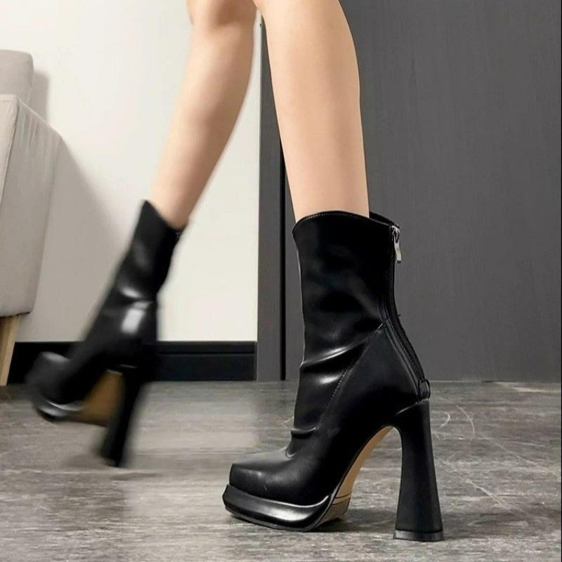 White waterproof table high-heeled fashion boots women's new heightening short boots in autumn and winter square head thick heel thin elastic boots