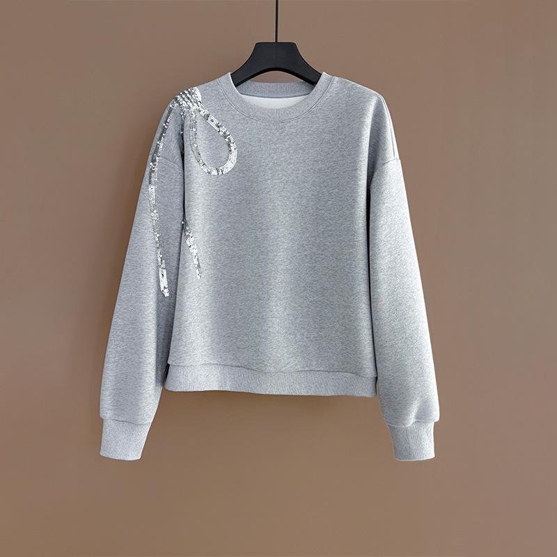 

Spring 2026 Korean-Style Grey Hoodie & Blue Wide-Leg Jeans Set with Large Sequined Bow XL