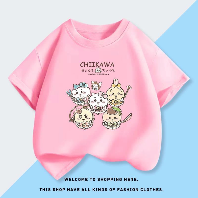 

Jiyikawa Летняя хлопковая футболка с коротким рукавом с принтом, модная повседневная футболка конфетного цвета для детей, топ с рукавом до локтя 130 розовый