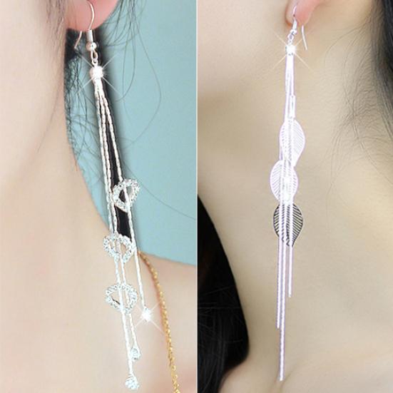 Women's Chic Leaf Heart Rhinestone Long Tassels Drop Dangle Linear Hook Earrings