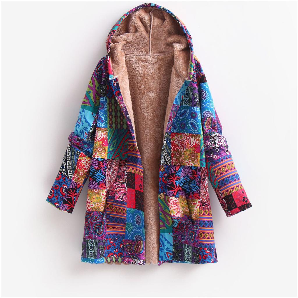 Explode the new winter women's clothing cotton and linen printed hooded sweater warm plush jacket