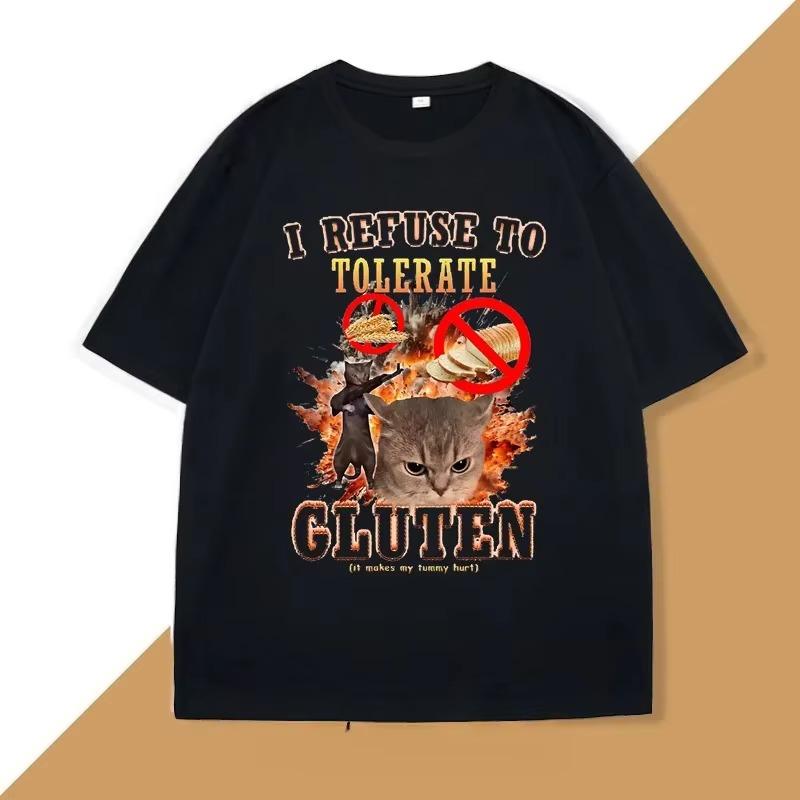 Lustiges Katze Gluten T-Shirt Ästhetisch Unisex Kurzarm Ich Verweigere Unverträglichkeit Slogan Meme USA Streetwear Lässige Damen Oberteile