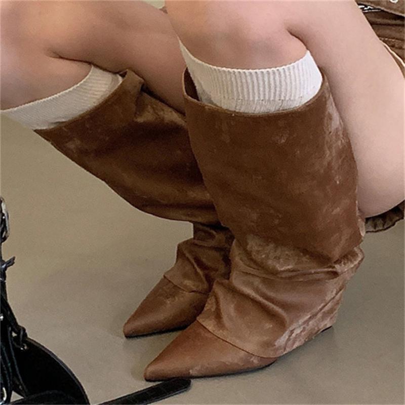 2025 New Autumn Winter Design Pleated Wedges Heels Women Knee High Boots Pointed Toe Long Booties Fashion Ladies Shoes