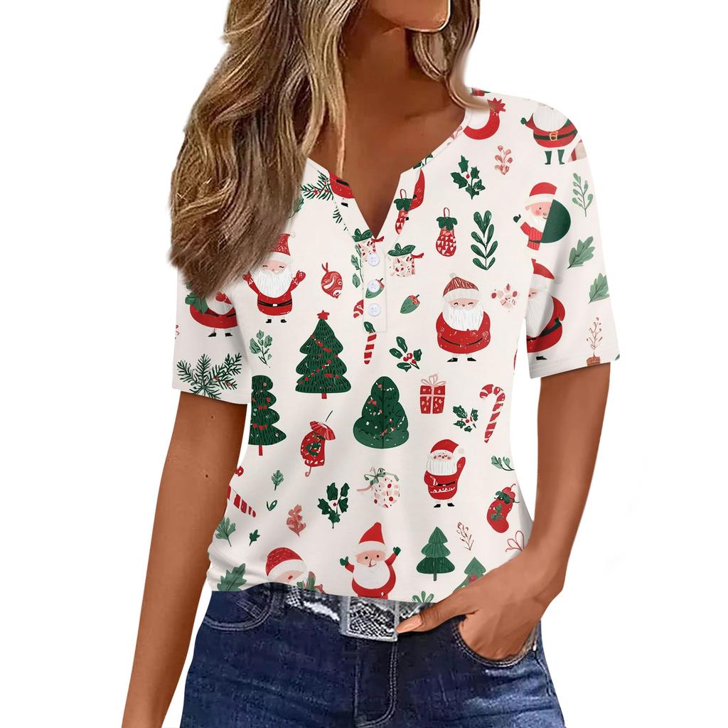Women's T Shirt Christmas Print Button Short Sleeve Daily Weekend Fashion Basic V- Neck Regular Top