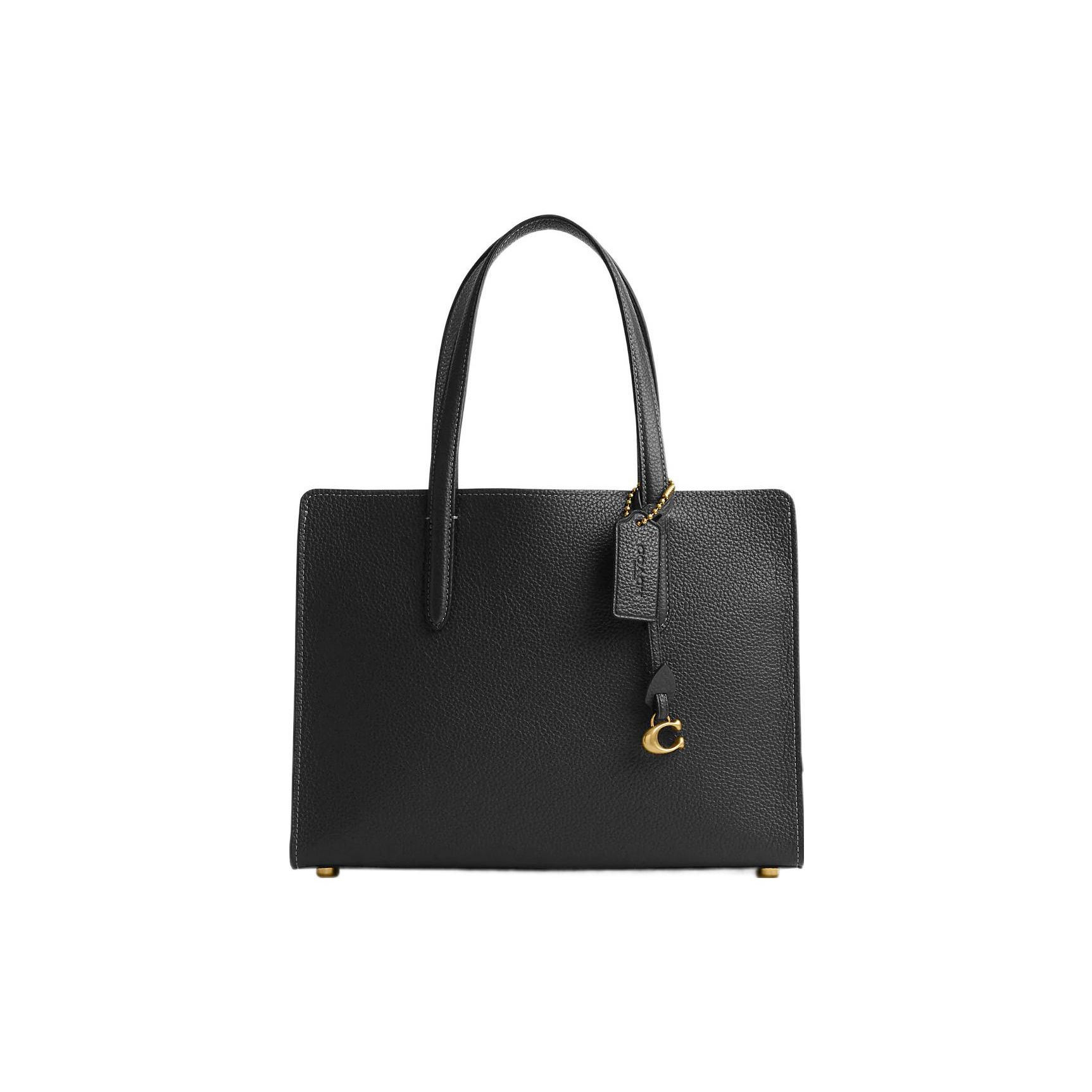 Coach Women's Black Carter 28 Solid Color Logo Tag Pebble Leather Tote Bag Tote Bags Cj806-B4bk