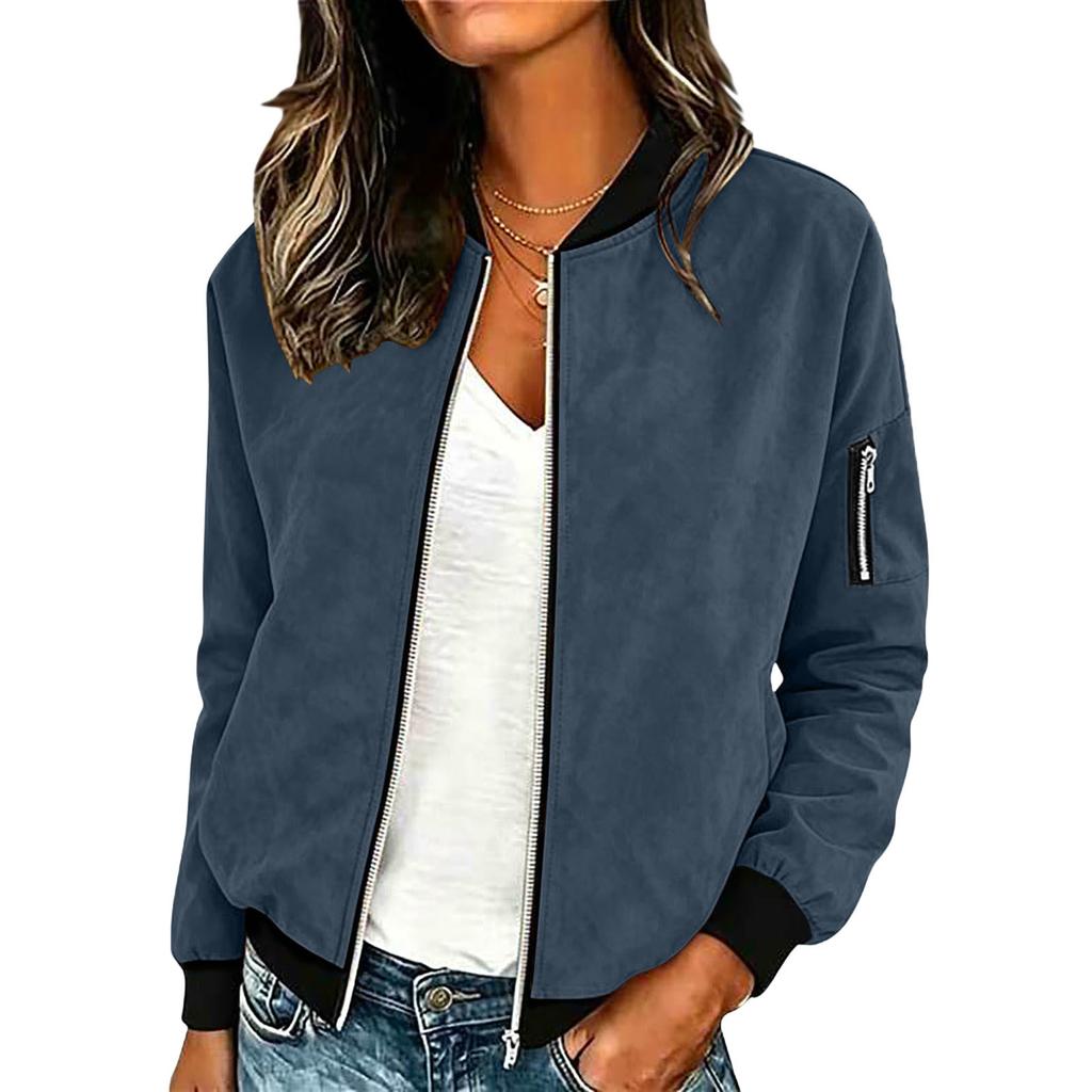 Women's Casual Suede Zip Up Jacket Lightweight Bomber Style Long Sleeve Outerwear with Ribbed Cuffs and Hem for Everyday Wear