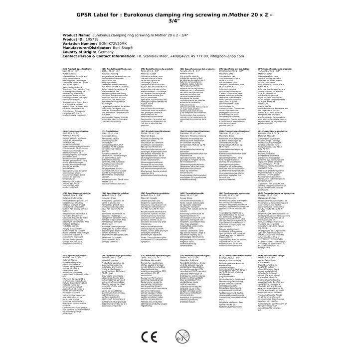 Raccord à bague de serrage Eurokonus avec écrou 20 x 2 - 3/4"