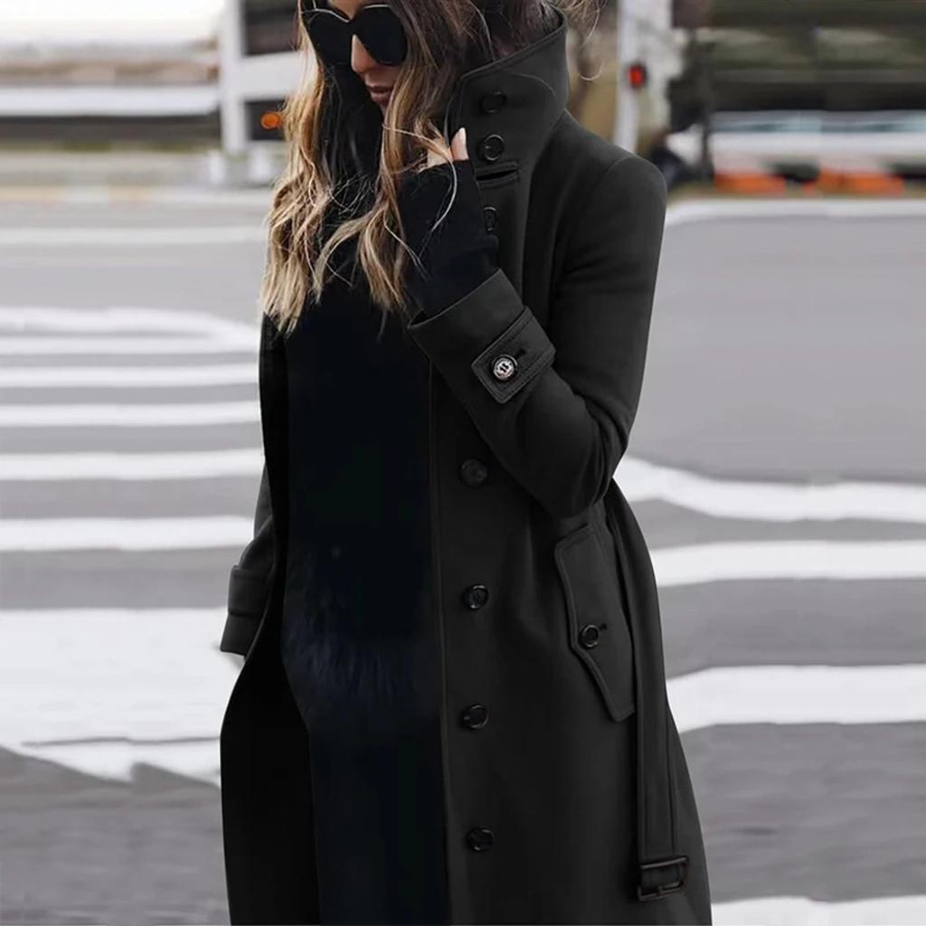Cappotto da donna con colletto alla coreana, maniche lunghe, vestibilità aderente, misto lana, casual, monopetto, lunghezza media