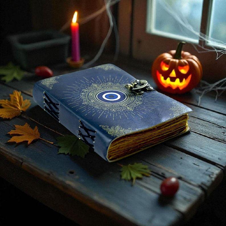 Handmade Evil Eye Leather Journal: Blue & Gold Book of Shadows