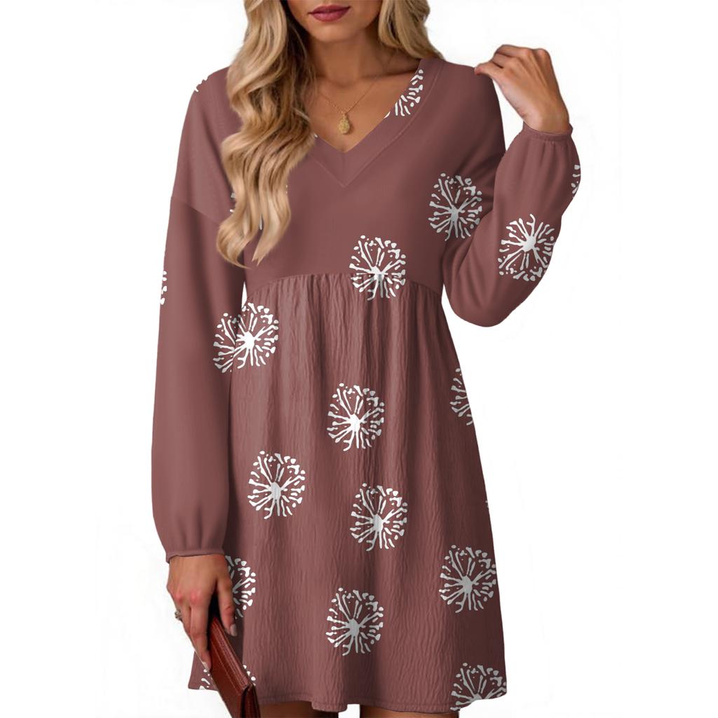 Women's Fashion Floral Print V-Neck Long Sleeve Dress