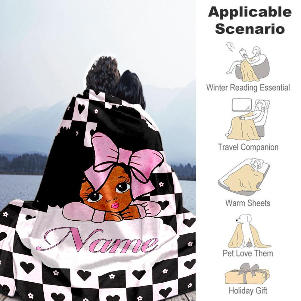 Black Girl Bow Personalized Name Blanket Multi-purpose Personalized Blanket Soft Warm Cozy Great for Home Decor Bedding Sofa Seaside