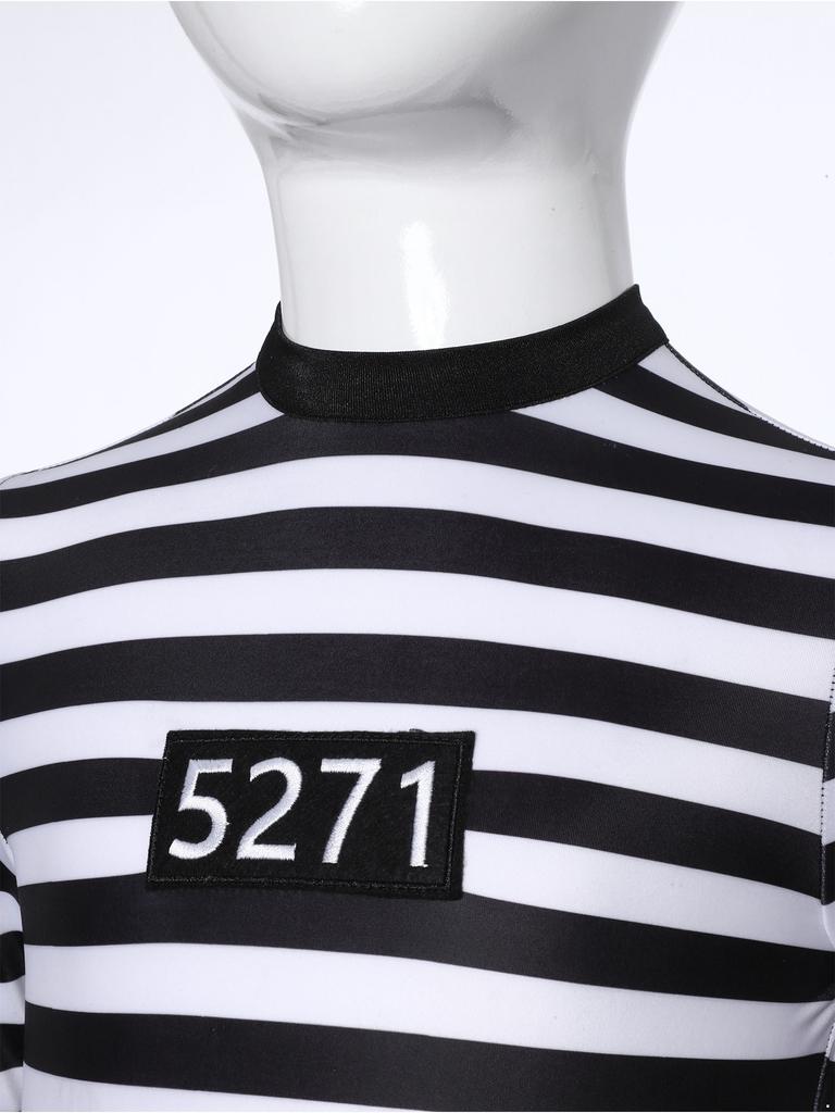 Dívčí pruhované vězeňské šaty Volánová nadýchaná tutu sukně Výřez na zádech Kulatý výstřih Dlouhý rukáv Kostým pro hraní