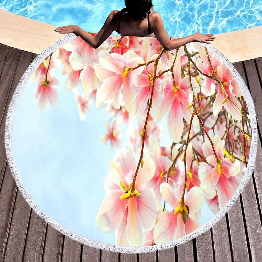 Elegant Magnolia Flower Round Beach Towel,Polyester Sand Resistant Shawl Beach Blanket,Absorbent Quick Dry Pool Towel Picnic Mat