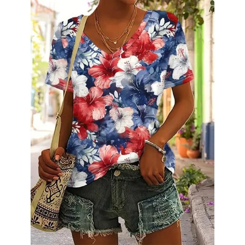Fashion Women s Printed Short Sleeve Casual Loose Top V-Neck T-Shirts Women’s S