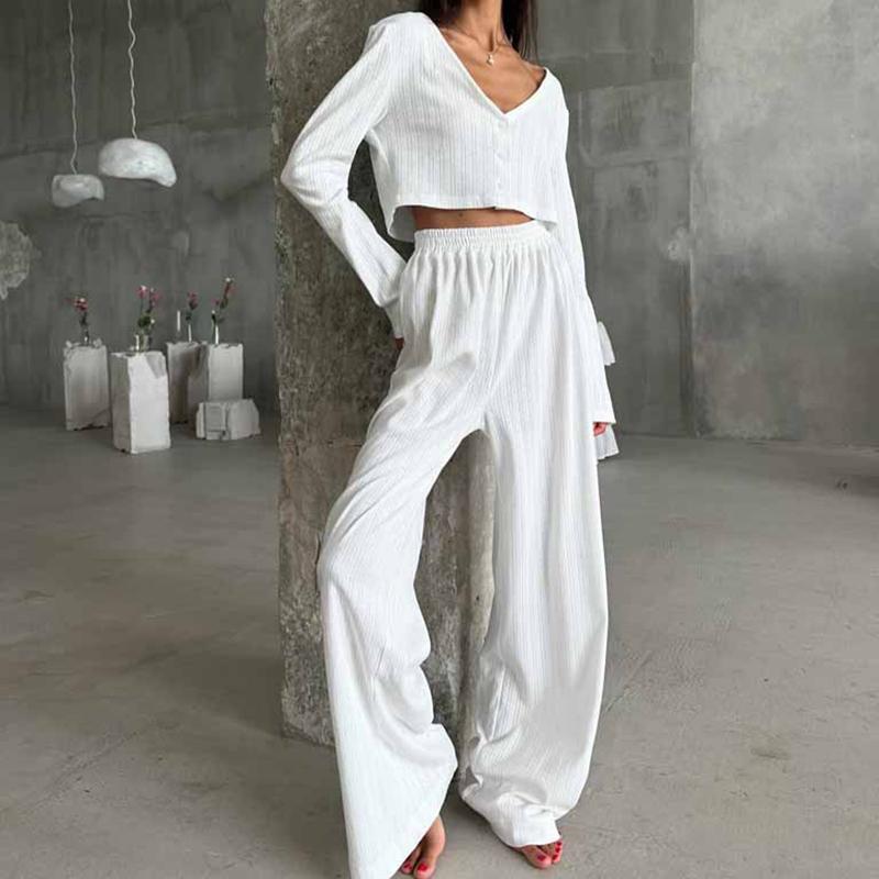 Causal Solid V Neck T-shirt Pants Suit Long Sleeve Crop Top Elastic Waist Wide Leg Pant Sets Spring Homewear Outfit