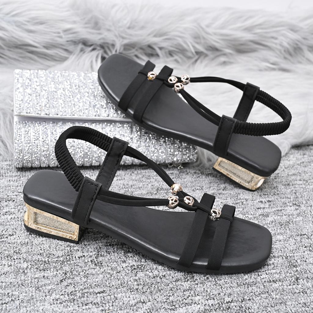 Fashion 2025 Summer New Women's Sandals Stylish Thick Heel Metal Elastic Sliding Women's Shoes Casual Style Comfortable Sandals Zapatos