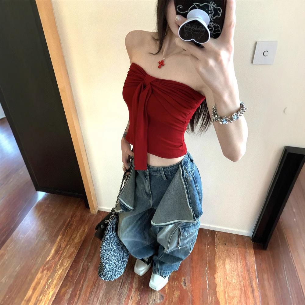 Red Bow Bandeau Top - Women's Chic Summer Camisole