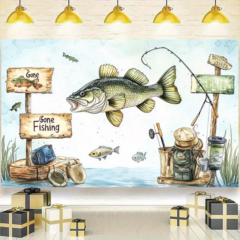 1 "Fishing" party background - polyester decoration, featuring fisherman and fishing gear designs, for festival celebration