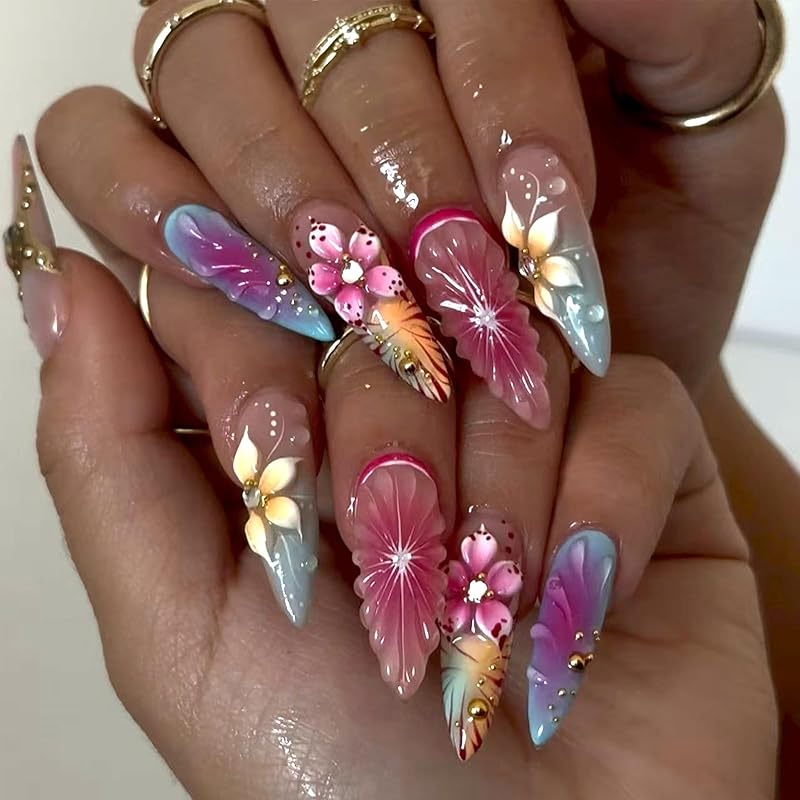 Pink French Tip Press on Nails Medium Almond Fake Nails with 3D Flower Designs Glossy Acrylic False Nails Golden Bead Artificial Glue on Nail