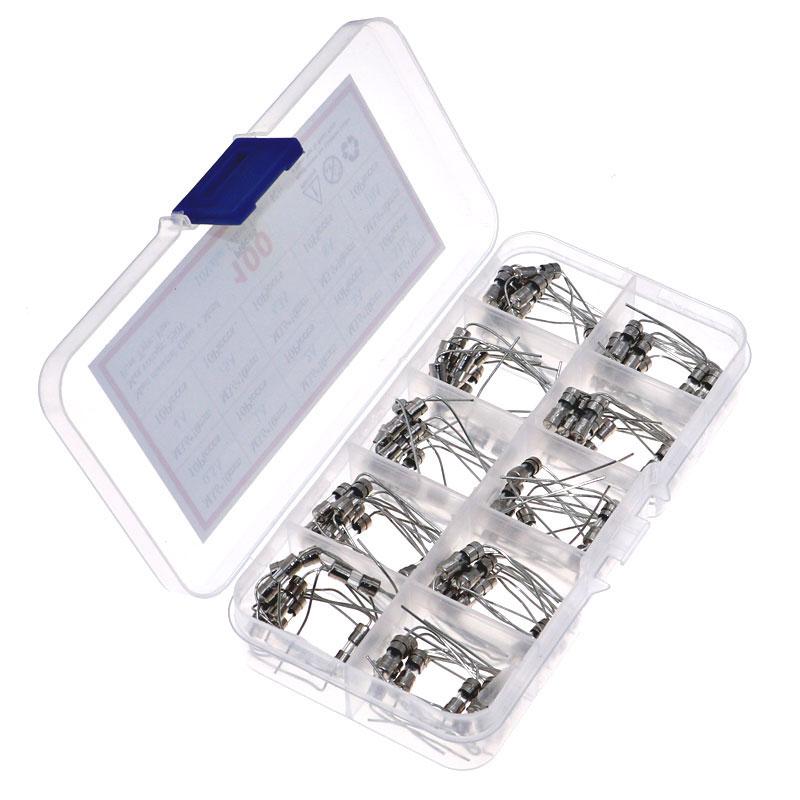 100pcs 10value 3.6*10mm 250V Double Iron Cap Axial Slow Glass Fuse Kit Box With Lead Wire 0.5A 1A 2A 3A 3.15A 4A 5A 6.3A 8A 10A Fuses4